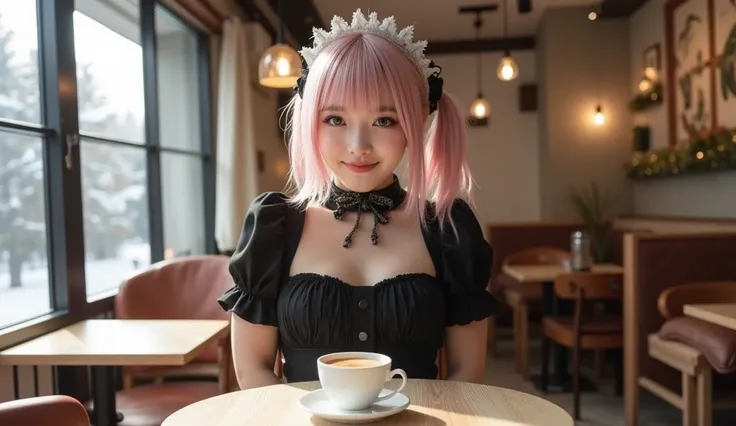 in maid-concept cafe on a winter afternoon, wooden laxuary decorations on the walls, a cup of cofee and omelet on the cafe table, sunshine, an elegant lady as maid and servant, put hands behind back, wearing black gothic lolita fashion, a big smile, pamper...