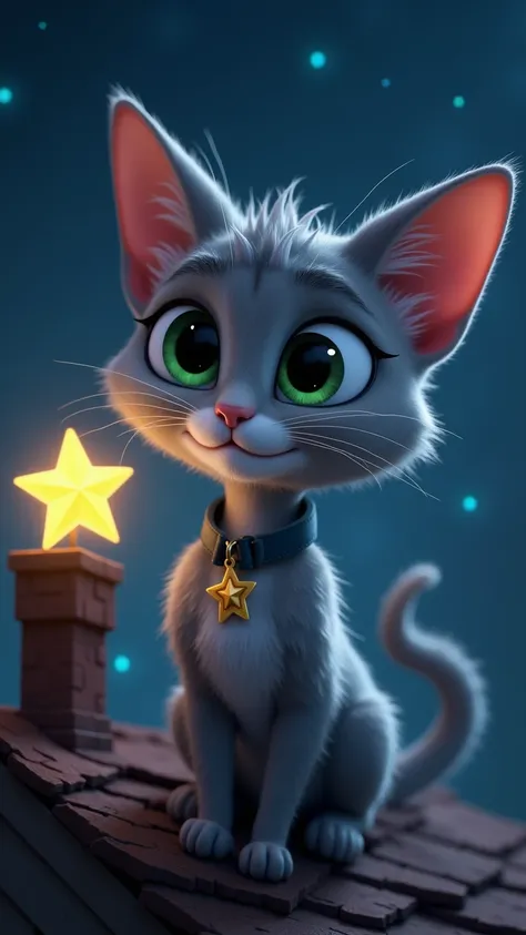  Pixar-style animation . officer,  a cat with bright gray fur , Soft and silky. Its light green eyes are large ,  expressive and shimmering like emeralds .  It has a long, arched tail with slightly darker tips .  It wears a dark blue leather collar with a ...