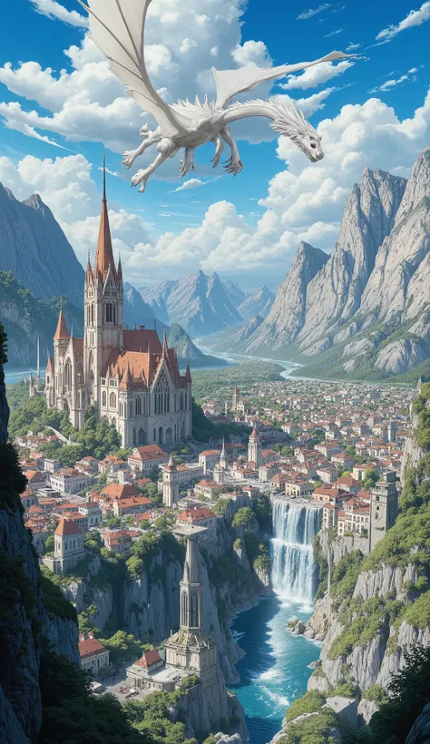 Final  fantasy Style ,  Amano Yoshitaka's Masterpieces,  is expressed in every detail,  the citadel city built in the valley 、 the intense light blue mountain stream flow 、 Chalk Palace 、 Gothic Buildings 、A majestic fortified city decorated with marble、th...