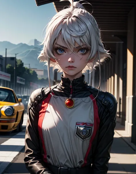 solo, 1girl, school_girl, white hair, looking at viewer, hand in pocket, serious, cinematic angle, standing in front of 1973 porsche 911 rsr race car, depth of field, filter, graffiti, industrial, masterpiece, best quality, very aesthetic, absurdres,scener...