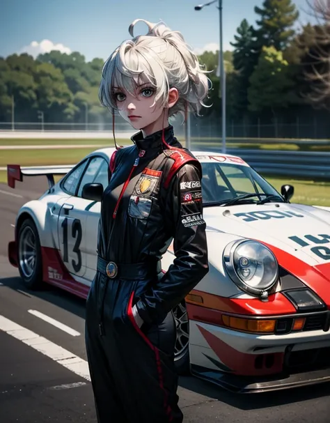 solo, 1girl, school_girl, white hair, looking at viewer, hand in pocket, serious, cinematic angle, standing in front of 1973 porsche 911 rsr race car, depth of field, filter, graffiti, industrial, masterpiece, best quality, very aesthetic, absurdres,scener...