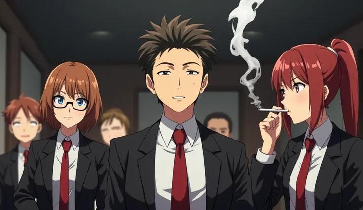 Imagine a young legal technician right tie red tie white shirt black formal suit smoking a good cigarette with 3 colleagues legal technicians women also wearing white shirts and red tie laughing at someone they sent to jail anime images!!