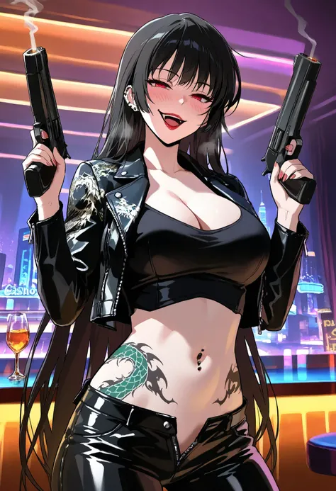 Moebius, red eyes, black hair, very long hair,  large breasts, , ear piercing, long hair, blush, lipstick,Hot girl, baddie, smoking, sensual, attractive ,bar background, inside bar,indoors, cityscape, casino, nightclub, city lights, masterpiece, best quali...