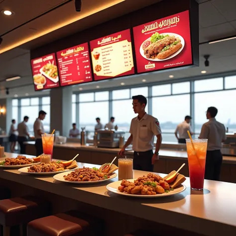 photorealistic, a airliner fast food chain named Qatar Airways (airline) selling arabian food, halal, halal certified, promotion, fast food, comes with a cold cup of beverage,