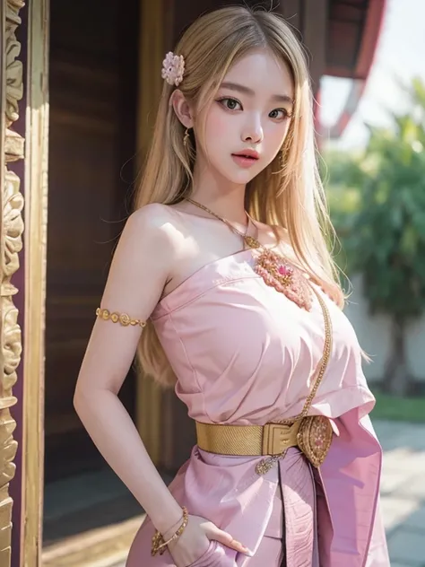 European girl blonde long hair , Standing , big breasts , Thaidress , (pink sabai:1.4)