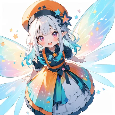 girl, blinking, best quality, milky white and blue gradient hair color, colorful and cute gothic kimono costume, star fairy, little fairy feathers growing from above waist, simple background, orange and navy blue color palette, casquette hat with rainbow m...