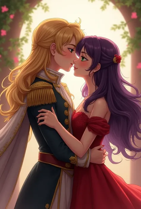 Alice Aduraice blonde girl with emerald green eyes a Prince costume kissing Anthy Himemiya girl was an American with purple hair and dark green eyes wearing a red dress