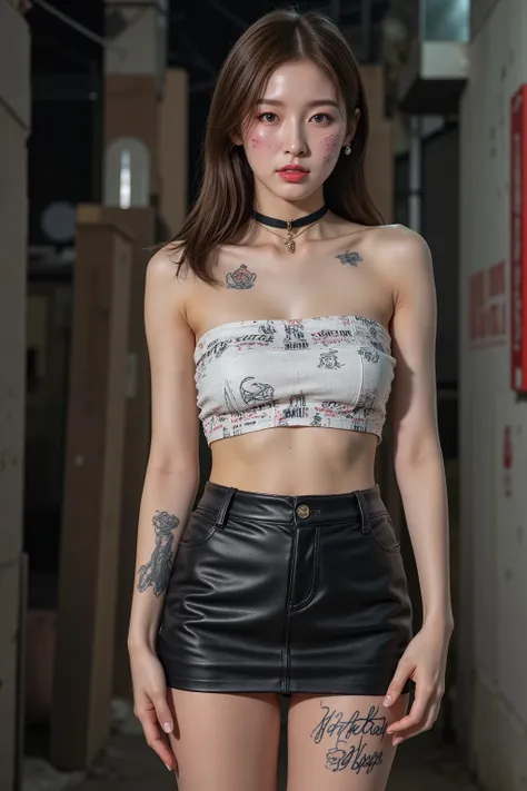 NSFW,
Film camera depiction,
Taken with a high-dispersion high-end lens,
Wide-angle lens,
Full-body shot,

at night,
A beautiful Korean girl is attracting customers at in the slums,
Her face has large burn scars,
((The burn scars have become ugly keloid sc...