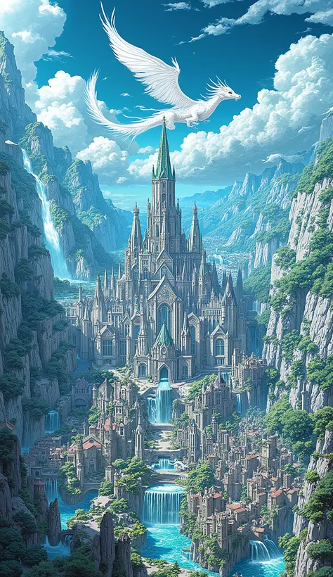 Final  fantasy Style ,  Amano Yoshitaka's Masterpieces,  is expressed in every detail,  the citadel city built in the valley 、 the intense light blue mountain stream flow 、 Chalk Palace 、 Gothic Buildings 、A majestic fortified city decorated with marble、th...