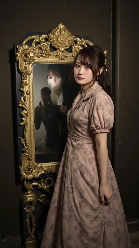 「 A woman is standing in front of a mirror in an old house 。In the mirror、 An eerie face floating behind her is shown、A ghostly shadow is staring at her 。」