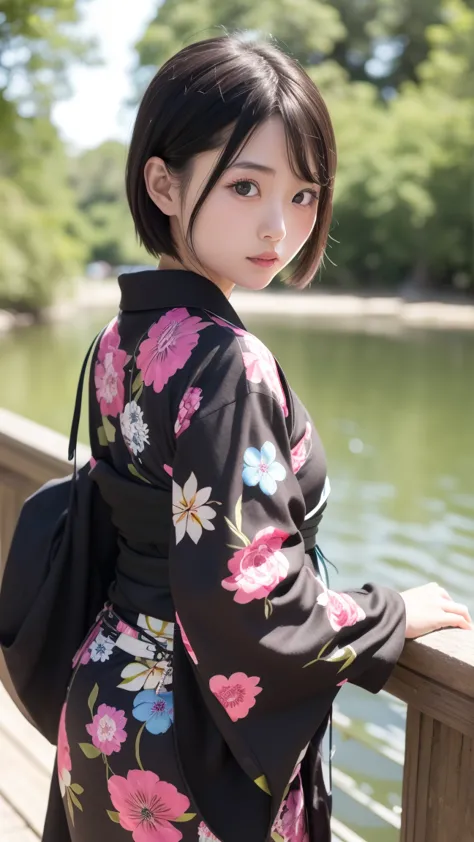  female close-up ,  cute pretty face,   A beautiful Japanese girl wore a yukata standing in front of a lake ,  beautiful asian girl ,  with a pretty face - pretty face ,  short hair,  Realistic Young Gravure Idol ,  young cute girl , black hime cut hair, Y...