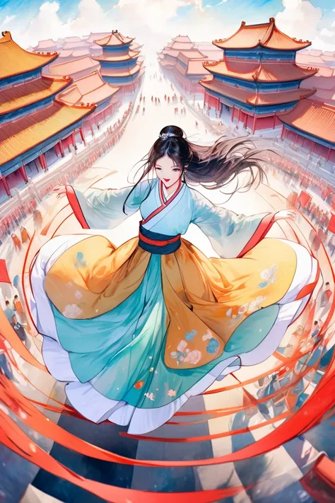 ultra detailed, absolutely resolution, masterpiece. 
a beautiful woman dancing in a colorful pastel color Hanfu. 
background from above wide angle of the Forbidden City. 
wonderland worldview. 
fusion of watercolor, acrylic and collage, conceptual installa...