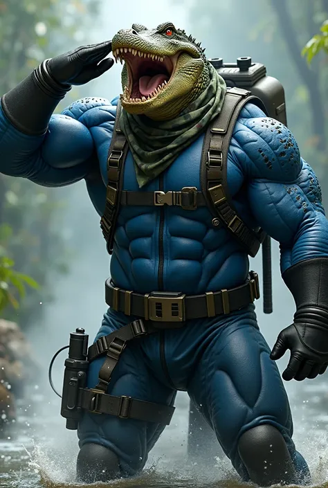 (A rugged beefy extremely muscular bulky roaring crocodile man), (wearing blue fully-zipped fullbody wetsuit), saluting, wearing bulky harness, wearing bulky scuba gear, wearing army camouflage hero scarf, muscular physique, toned muscles, fierce, heroic, ...