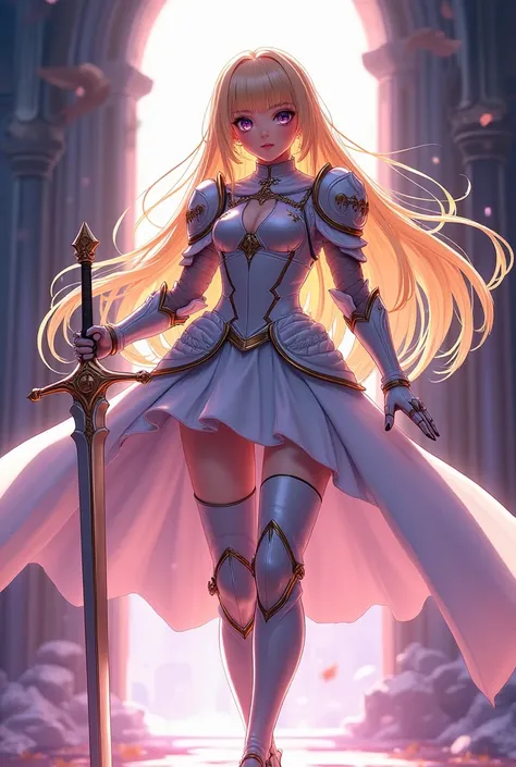 1 Girl, Weapon, Sword, Solo, Gloves, Knight, Holds a Weapon, Armed, Blonde, Holds a Sword, 16k, 1 Beautiful Knight, (((Full Body))), ((Standing)), Vibrant Colors, Top Quality, Masterpiece, World-Class Professional Animator, Blonde Long Hair, white Skirt Ar...