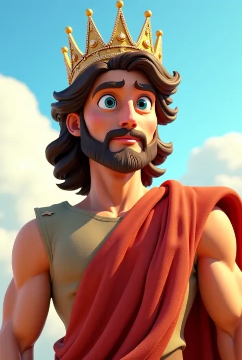 King David animated with brown hair,  sky blue eyes, male and handsome, You must wear a crown and a full body