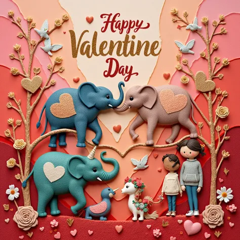 **Image Prompt: "Valentine’s Day Sand Art Card – Whimsical Love Symphony"**  

**Visual Style:**  
A vibrant, textured sand-art design with layers of colorful, glittering granules in warm hues (crimson, coral, blush pink, and gold). The artwork mimics tact...