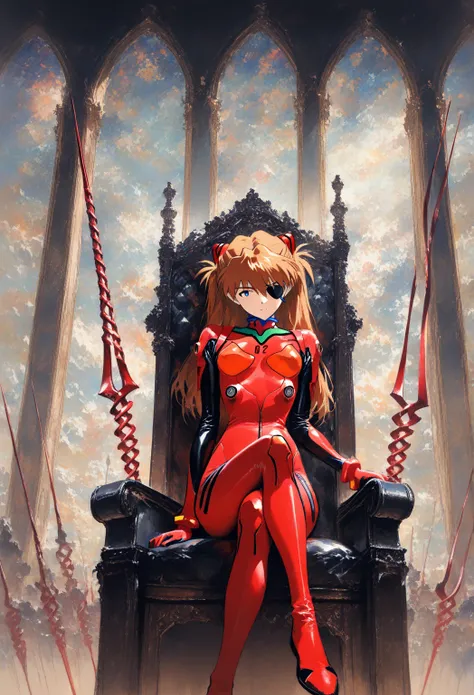  1 girl,  Soryu Asuka Langley , neon genesis  Evangelion,   sensitive, Alone, Eye patch,  red plug suit,  sits on the throne,  cross your legs ,  head tilt,  with weapons , Lance of Longinus \( Evangelion\), cowboy shot,  depth synthesis, Imitation Traditi...