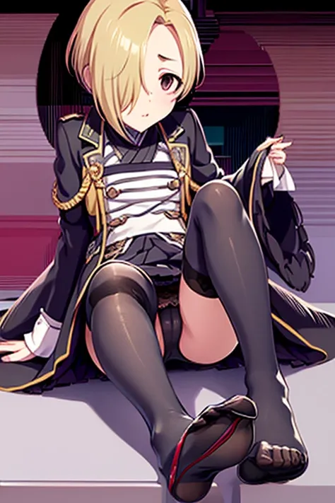 Shirasaka Koume,  blonde hair ,  hair to hide one eye ,  short hair,  brown eyes ,  file,,nsfw,uniform, black panty hose, take off your shoes and show me the soles of your feet