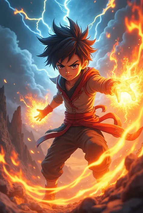 Anime-shaped boy unleashing fire and lightning