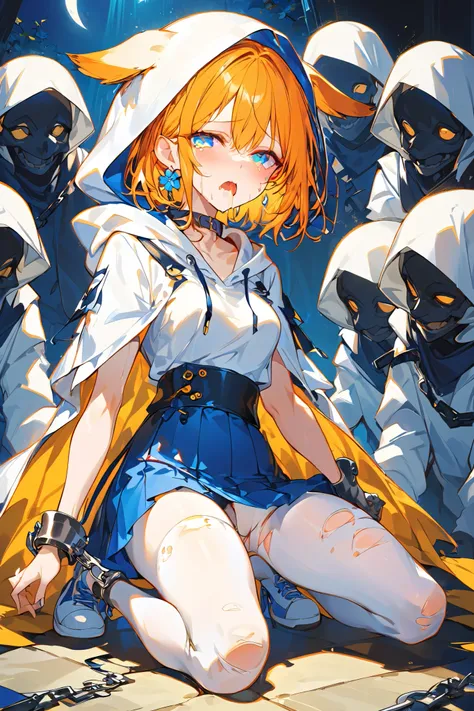 (( 1 girl ))、(Single)、 High Resolution, Ultra HD, Very detailed , short hair, Light orange hair、(( small boobs)), 環狀 Earrings, Earrings, blue eyes, The condominium where the collar 、((Pure white hooded sweatshirt ))、(Wear a hood)、 Blue Skirt、Torn whi...