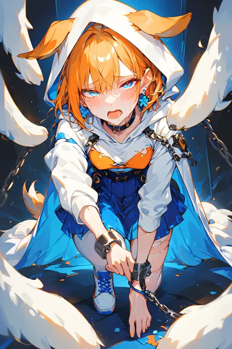 （（ 1 girl ））、（Single）、 High Resolution,   Ultra HD,  Very detailed , short hair, Light orange hair、(( small boobs））, 環狀 Earrings,  Earrings,  blue eyes,  The condominium where the collar 、（（Pure white hooded sweatshirt ））、（Wear a hood）、 Blue Skirt、Torn whi...