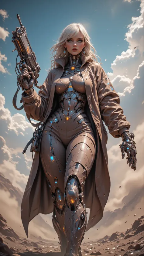  A futuristic female e-gunner ， Wearing a long brown windbreaker ， holding a heavy left hand pistol ， standing in a dusty sky 。 His body fused with metal Subjects and Synthetic Components， eyes shining blue ，Fine mechanical detail 。The scene is vibrant ， D...