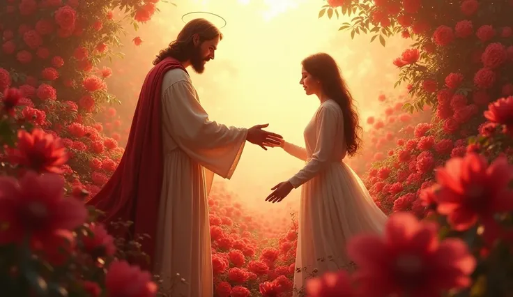 In a heavenly floral landscape, Jesus extends his hands toward a , guiding them through a sea of scarlet and burgundy flowers.