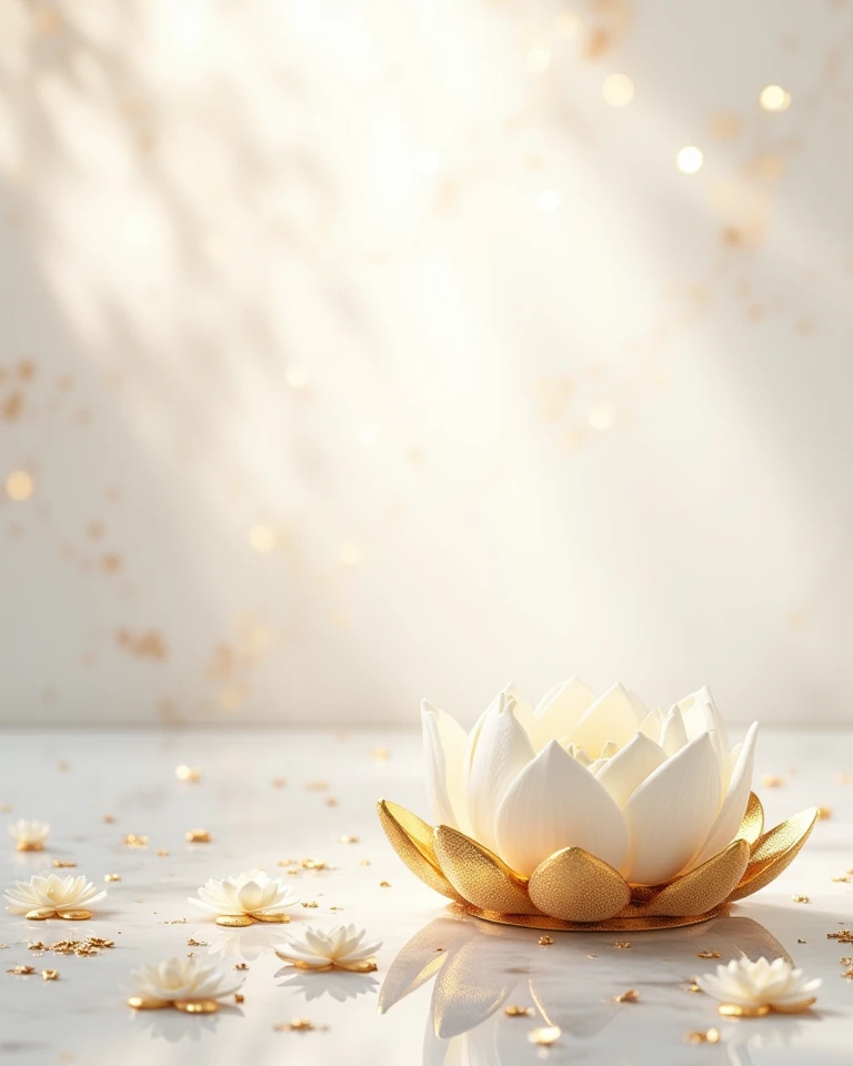 Background: White with gold highlights or marble textures for an authentic Ayurveda vibe.
Elements: Gold flakes,lotus patels, rose patels, soft glow effects with Gold leaf accents, tiny herbal symbols, and a peaceful glow.

