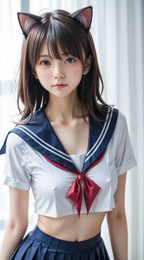 (((( Japanese sailor girl middle school student、round face、 sailor collar ))))、((((((Fix your hair))))))、 close-up face、 Navy Blue Ruffle Skirt、sailor red ribbon、Cat ears, Beautiful messy hair), beautiful medium hair,  easy styling .、 cute high school girl...