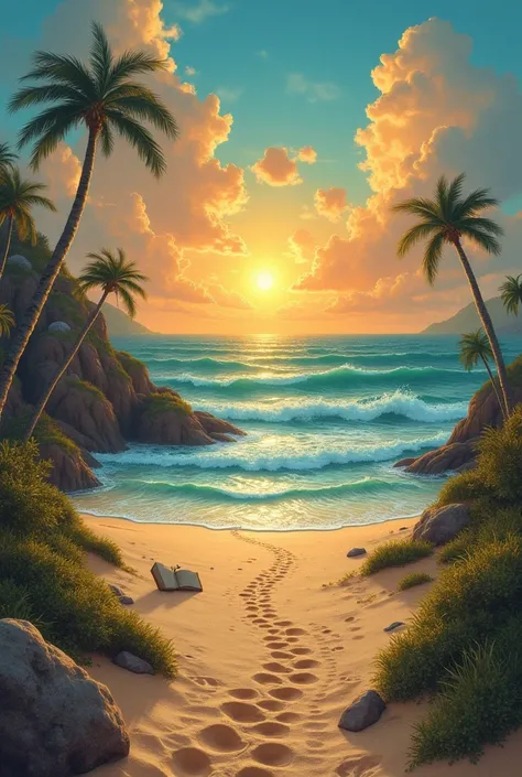 A Symbolic Landscape
* A beach scene where different objects in the environment represent different aspects of you.
* The waves could symbolize your emotions, rising and falling. Also with sunset
* A path leading to a distant horizon for your search for be...