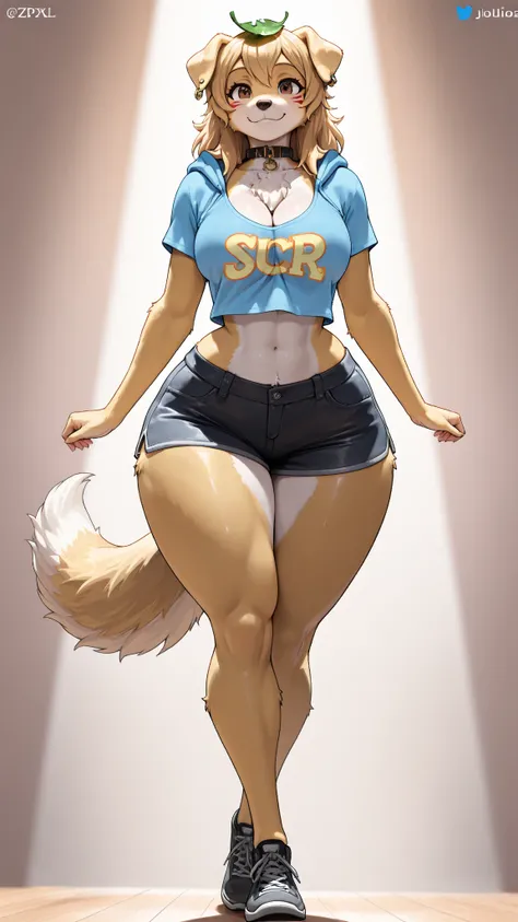 (date:20250212, By:Joulios) score_6_up, score_5_up, score_4_up, berri, female furry, golden retriever, leaf on head, brown eyes, ear piercing, collar, face markings, anthro, hoodie, crop t-shirt, shorts, close up, half body, simple background, abstract bac...