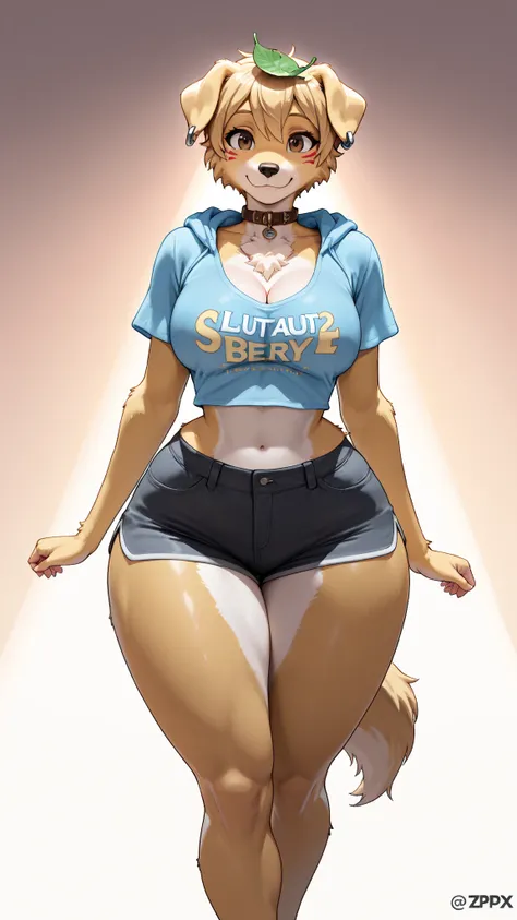 (date:20250212, By:Joulios) score_6_up, score_5_up, score_4_up, berri, female furry, golden retriever, leaf on head, brown eyes, ear piercing, collar, face markings, anthro, hoodie, crop t-shirt, shorts, close up, half body, simple background, abstract bac...