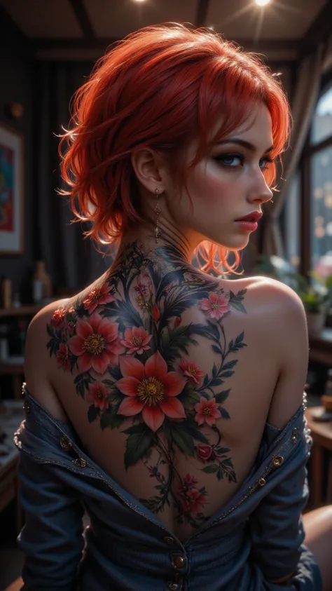  A detailed digital artwork ， A young woman with short and red hair， The top of the head cut into a layered design 。 Her back is decorated with intricate colorful tattoos ， including bright red flowers 。 She wears a slightly off-shoulder denim jacket ， rev...