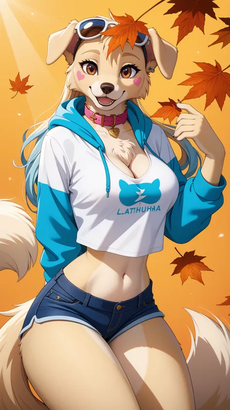 (date:20250212, By:Joulios) score_6_up, score_5_up, score_4_up, berri, female furry, golden retriever, leaf on head, brown eyes, ear piercing, collar, face markings, anthro, hoodie, crop t-shirt, shorts, close up, half body, simple background, abstract bac...