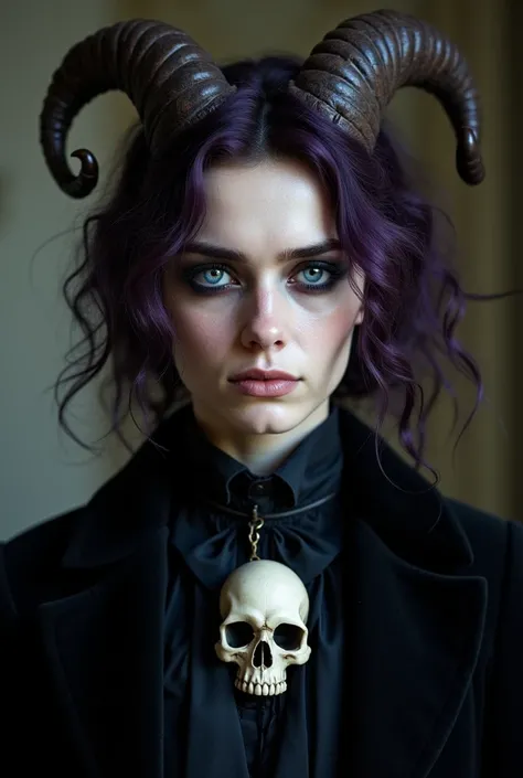 man, with black eyes and bluish purple pupils, wavy dark purple hair, wearing black Victorian clothes tie with a skull in the middle, goat horns,  fair skin,  look deep,  malicious smile,  vampire prey 