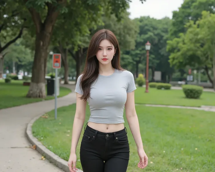  tight t-shirt　 no bra　Park walk