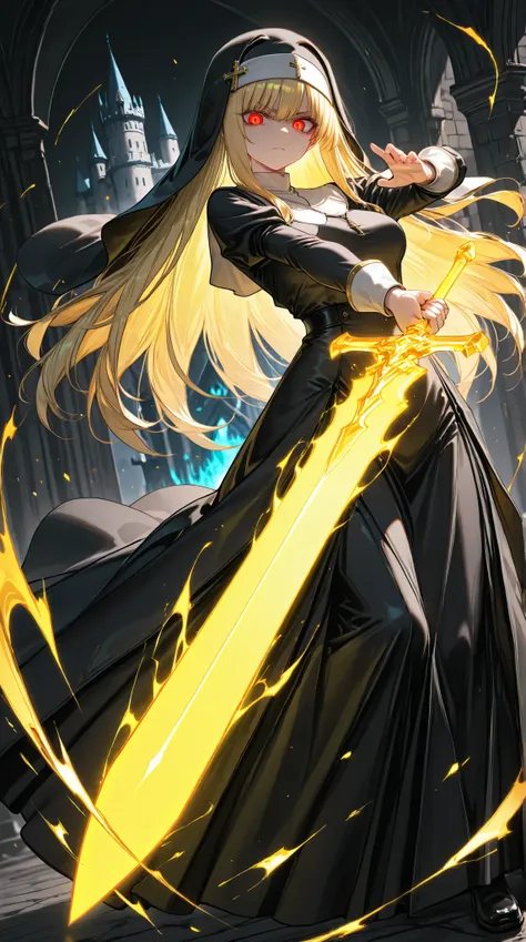 solo, 1girl, aiming a Longsword at viewer, (glowing yellow sword, aura:1.3), fighting stance, 
BREAK 1girl, nun, long dress, (Matte black:1.3) dress, glowing red eyes, long blonde hair, serious,
BREAK night, dark background, castle,
BREAK diffraction spike...