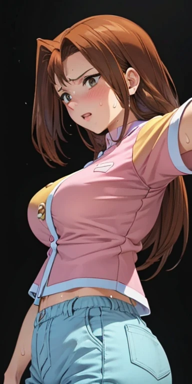  1 female, high definition, High resolution ,  ultra-realistic  ,8K,serenidaddm ,  gray eyes, long hair,  brown hair,   pink shirt ,  blue shorts ,European,sexy, Close-up of the upper body,  Photographed From The Front  , Dynamic Angles ,blush,  small tits...