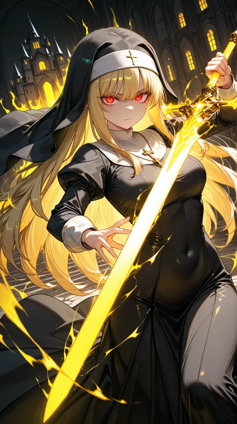 solo, 1girl, aiming a Longsword at viewer, (glowing yellow sword, aura:1.3), fighting stance, 
BREAK 1girl, nun, long dress, (Matte black:1.3) dress, glowing red eyes, long blonde hair, serious,
BREAK night, dark background, castle,
BREAK diffraction spike...