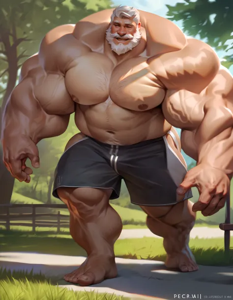 solo, 1boy, Muscular Old man, wide shoulder, male human, pectoral, thick arms, crossarm, happy, smile, chest hair, arms hair, pubic hair, huge pectoral, wide pectoral, short white hair, jockstrap and shirtless, meadow, masterpiece, semirealistic:1.2, high ...