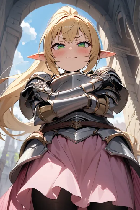  top quality、 super detailed、 Masterpiece、4K、 golden hair、 long ponytail、 green eyes、Elf、 Plate Armor 、 gauntlet 、silver greaves、、elf,Arch your arms in a bossy manner、Smug face。Young girl、、Image from below、 cute、 pink skirt 、 black tights