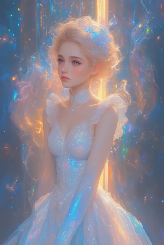 ultra detailed, absolutely resolution, masterpiece. 
fantasy beautiful elves, when the thick steel door opens, a dazzling light and smoke rises and a beautiful elf appears from within, updo hair, wearing heavenly maiden costume. 
various colorful iridescen...