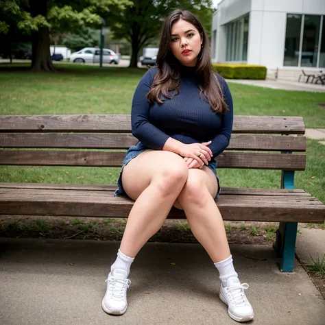 ((((Bbw)))) Masterpiece, High Quality, Solo, a woman sitting on a bench with her legs crossed, long hair, brown hair, thighs, shoes, socks, ground vehicle, building, sneakers, red lips