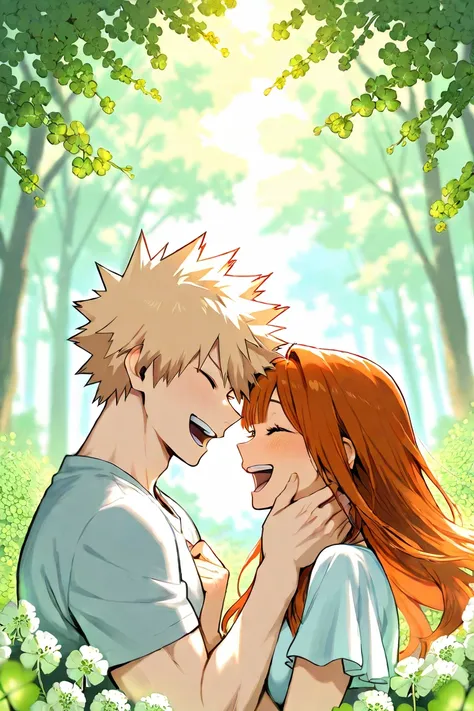 bakugo katsuki, girl with long auburn hair, couple, cute, flowers, romantic, nature, clover, laughing