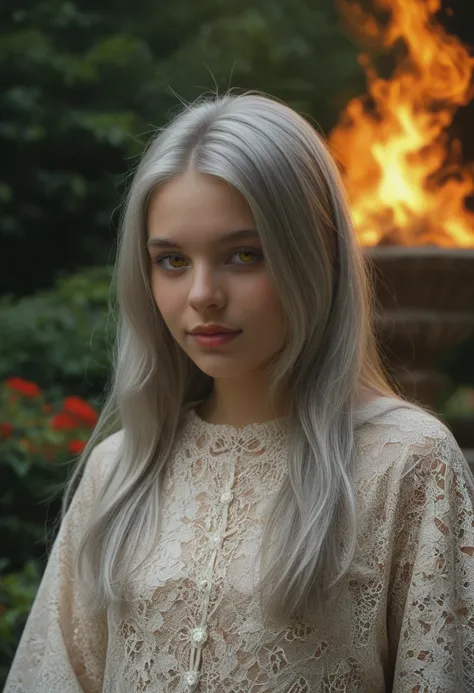 alto detalle, clarity, 8 kilos,  Young Girl,  18 years old,  light gray hair ,  long haircut,  yellow-eyed, Standing in fire, realism, fancy,