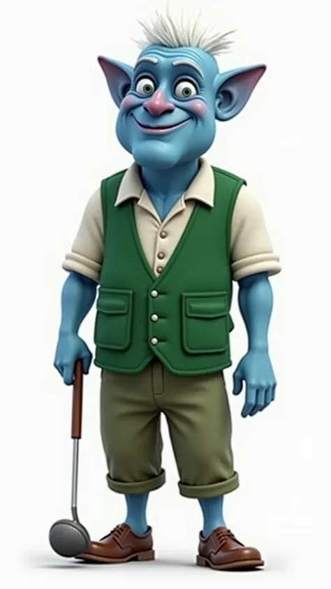 A realistic golf Genie with blue skin, wise-looking physique. Wearing a classic green golf caddie vest, standing white background
