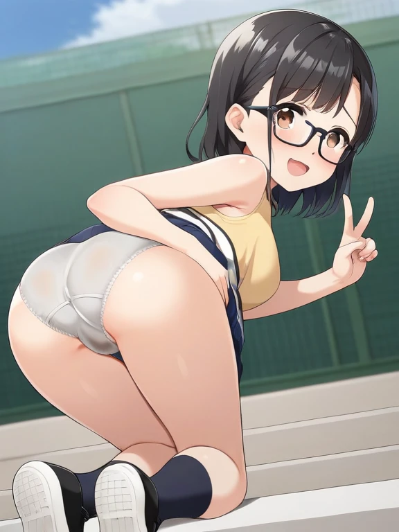 (Step Piece,  top quality)， Hi-Res, SUPER SHARP , In 8K， 1 girl， black hair that reaches the shoulders， big ribbon， has brown eyes ， black glasses，， they look for elementary school girls ，Comfortable sense of openness ，With tears in their eyes， has brown e...