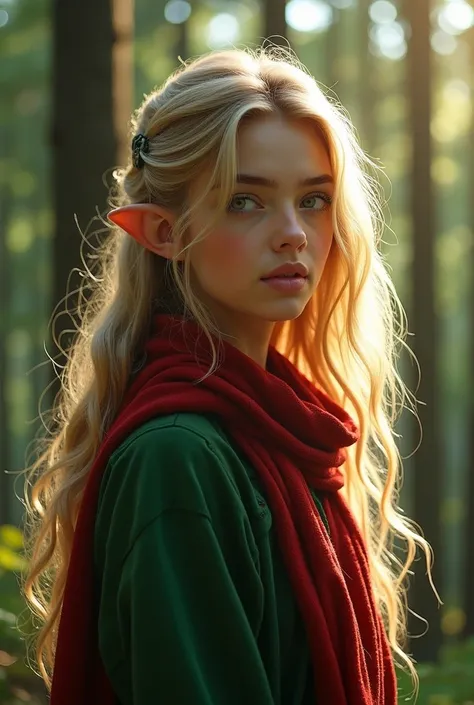 photo realistic:1.5, RAW Photos, realistic:1.5, Bright light shining into the forest, Smooth Professional Lighting  1 Girl,  elf girl ,  long hair,  wavy hair,  blonde hair,  green eyes,  green dress,  red scarf, Forest in the daytime, 20 years old,  Beaut...