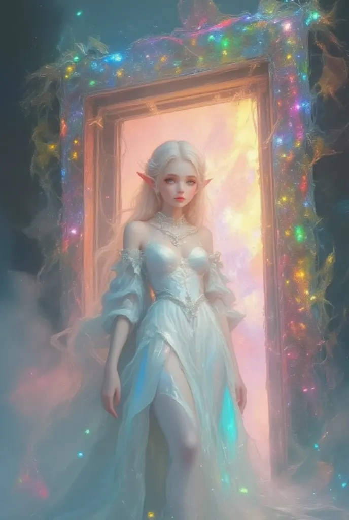 ultra detailed, absolutely resolution, masterpiece. 
fantasy beautiful elves, when the thick steel door opens, a dazzling light and smoke rises and a beautiful elf appears from within, updo hair, wearing heavenly maiden costume. 
various colorful iridescen...