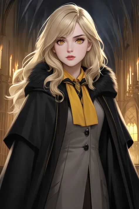 Female Hufflepuff character at Hogwarts, ,  With amber eyes , black hair focusing on two wavy light blonde locks of medium size,  elegant winter attire. Deathly Hallows scenario . Less realistic art .